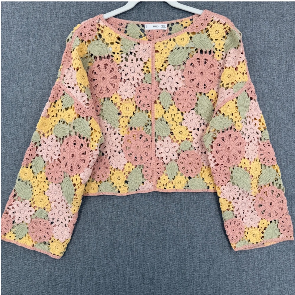 Mango MNG Crochet Floral Pastel Grandmacore Boho Flower Cropped Sweater Small